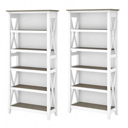 Bush Home Key West 5 Shelf Bookcase - Set of 2 | Tall Bookshelves in Pure White and Shiplap Gray | Sturdy Display Shelves for Library, Living Room, and Home Office