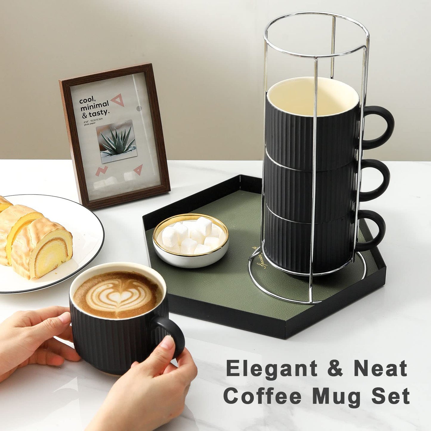 HASENSE Coffee Mug Ceramic Set of 4 with Stand, Stackable Large Latte Cups with Metal Stand, Dishwasher & Microwave Safe, Black for Cappuccino Tea Hot Cocoa