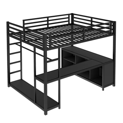 KEIKI Loft Bed Queen Size with Desk and Storage, Metal Bedframe with Shelves and Safety Guardrail, No Box Spring Needed, Space Saving, for Teens & Adults, Black