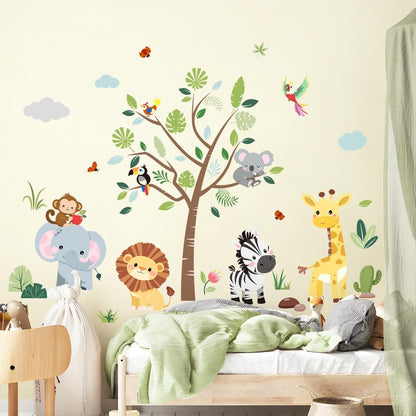 Supzone Jungle Animals Tree Wall Decals Safari Elephant Giraffe Lion Zebra Wall Stickers for Kids Toddlers Bedroom Living Room Baby Nursery Wall Decor