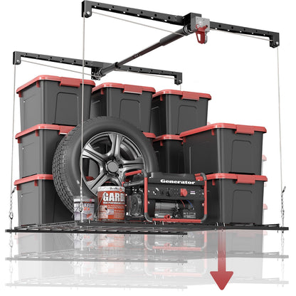 Overhead Garage Storage Rack for 12–14 FT Ceiling, Heavy-duty 4x4 FT Ceiling Storage Racks with Safety Lock, Ideal for Garage Storage Mounted Lift System and Storage Organizer, 250lbs Capacity
