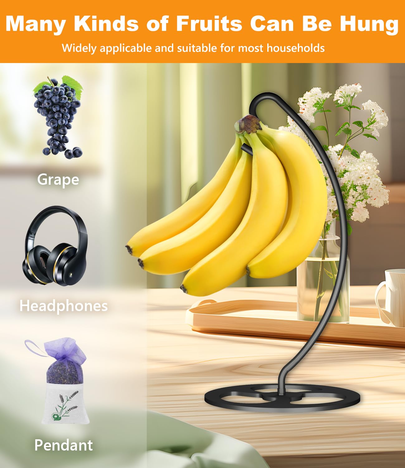 Bliocefo Banana Holder Metal Hanger Rack Stand Tree Keeper Modern Hook with Metal Base Storage and Display of Fruit for Home Kitchen Countertop Easy to Take Anywhere Doesn't Tip Over (Black.)