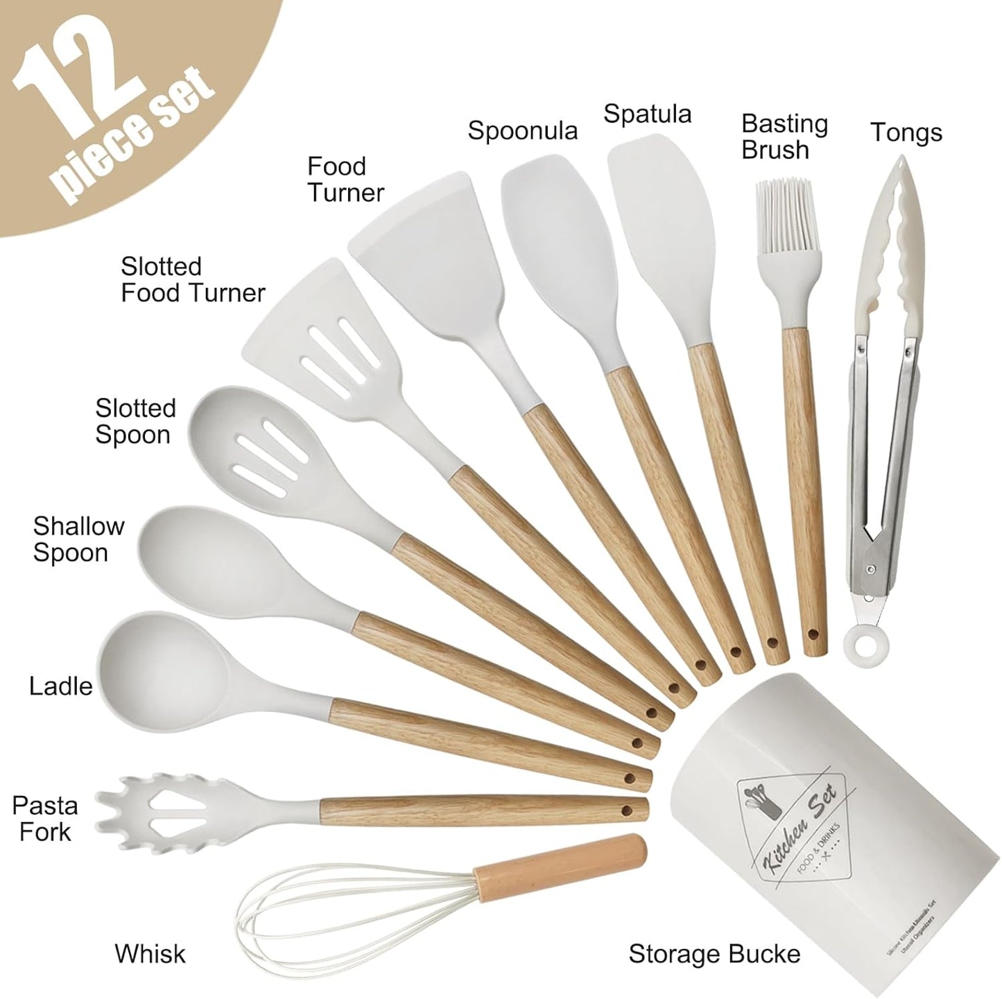 Kitchen Utensils Set of 12, Silicone Cooking Utensils with Wooden Handle and Organizer Bucket, Heat Resistant (Cream