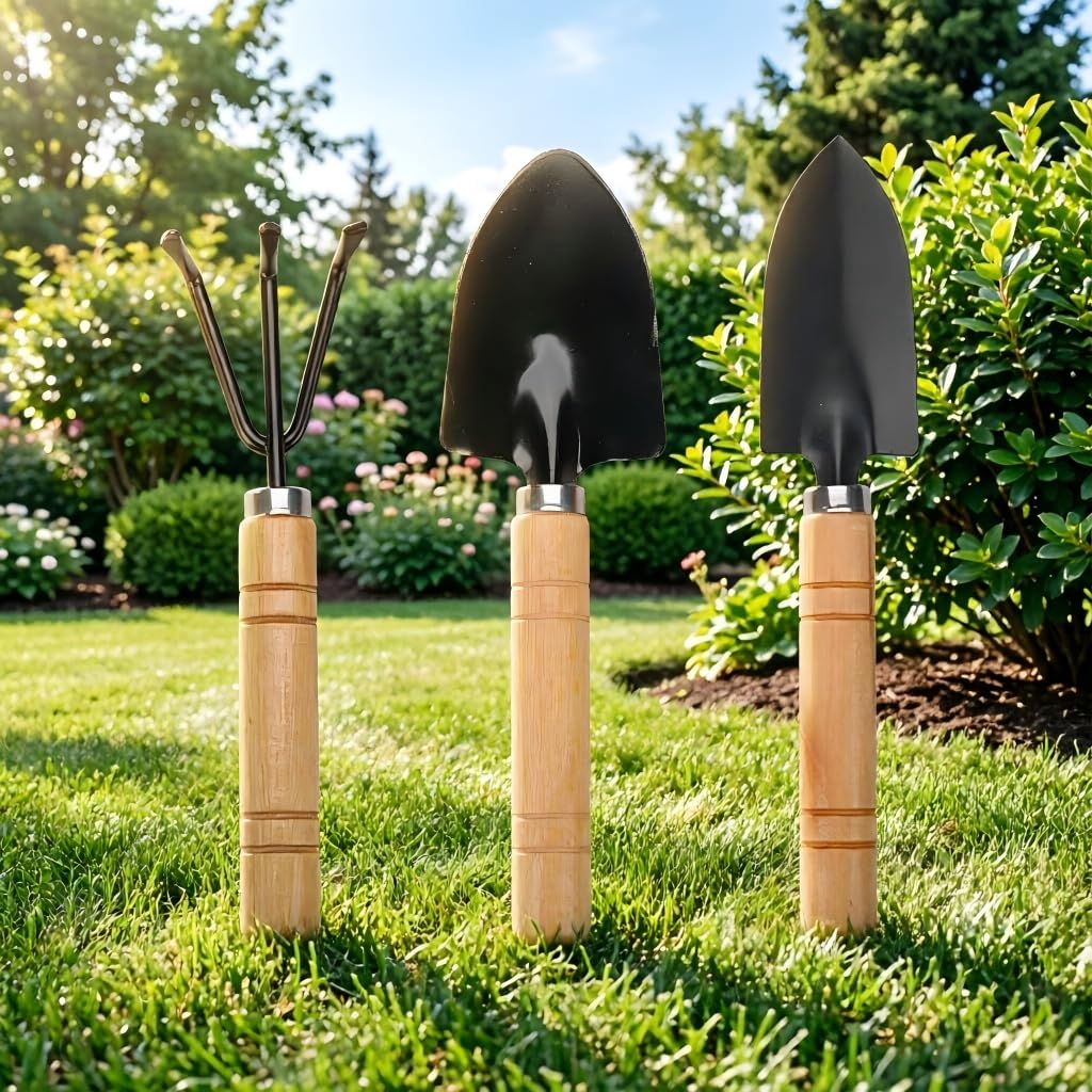 Mini Gardening Tool Set - 3PCS Hand Shovel, Rake, Spade with Wooden Handle - Small Planting Weeding Kit for Indoor Succulents, Cactus, Herbs, DIY Terrarium - Cute Garden Tools for Kids & Adults
