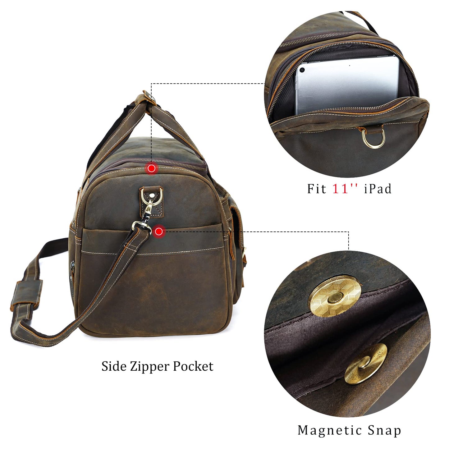 Polare 23" Expandable to 29'' Duffel Retro Thick Full Grain Cowhide Leather Gym Weekender Overnight Luggage Bag For Men