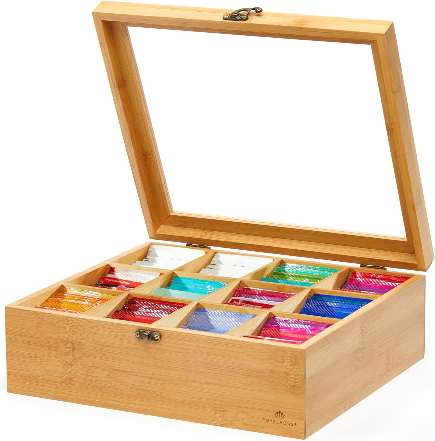 12 RoyalHouse Big Natural Bamboo Tea Storage Organizer with Clear Acrylic Top Window, Compartments Eco-Friendly Tea Bag