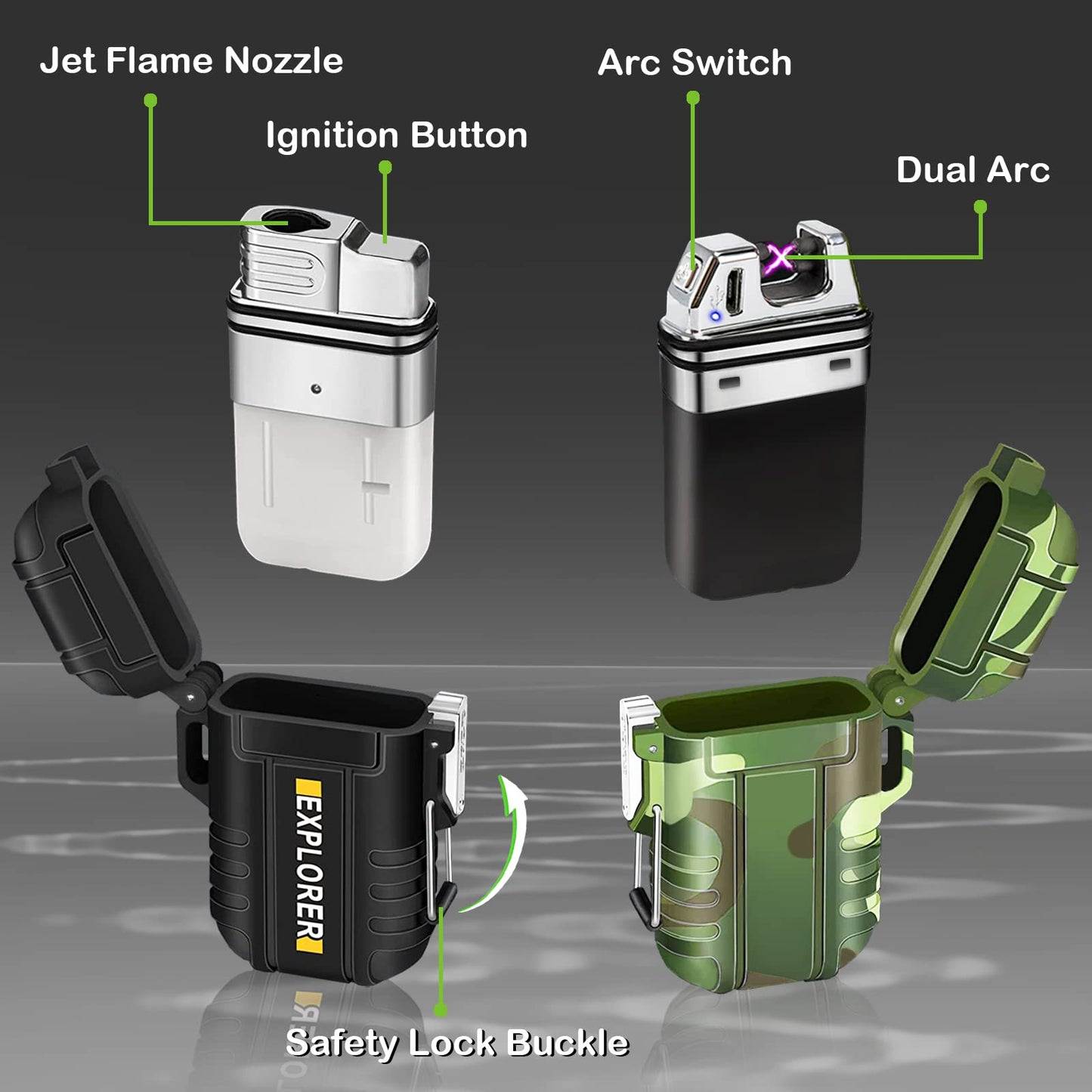 2 Pack Waterproof Lighter Outdoor Windproof Torch Lighters Dual Arc Butane Electric Lighters USB Rechargeable Lighters Flameless Plasma Lighter Camping Hiking Adventure Survival Tactical Gear