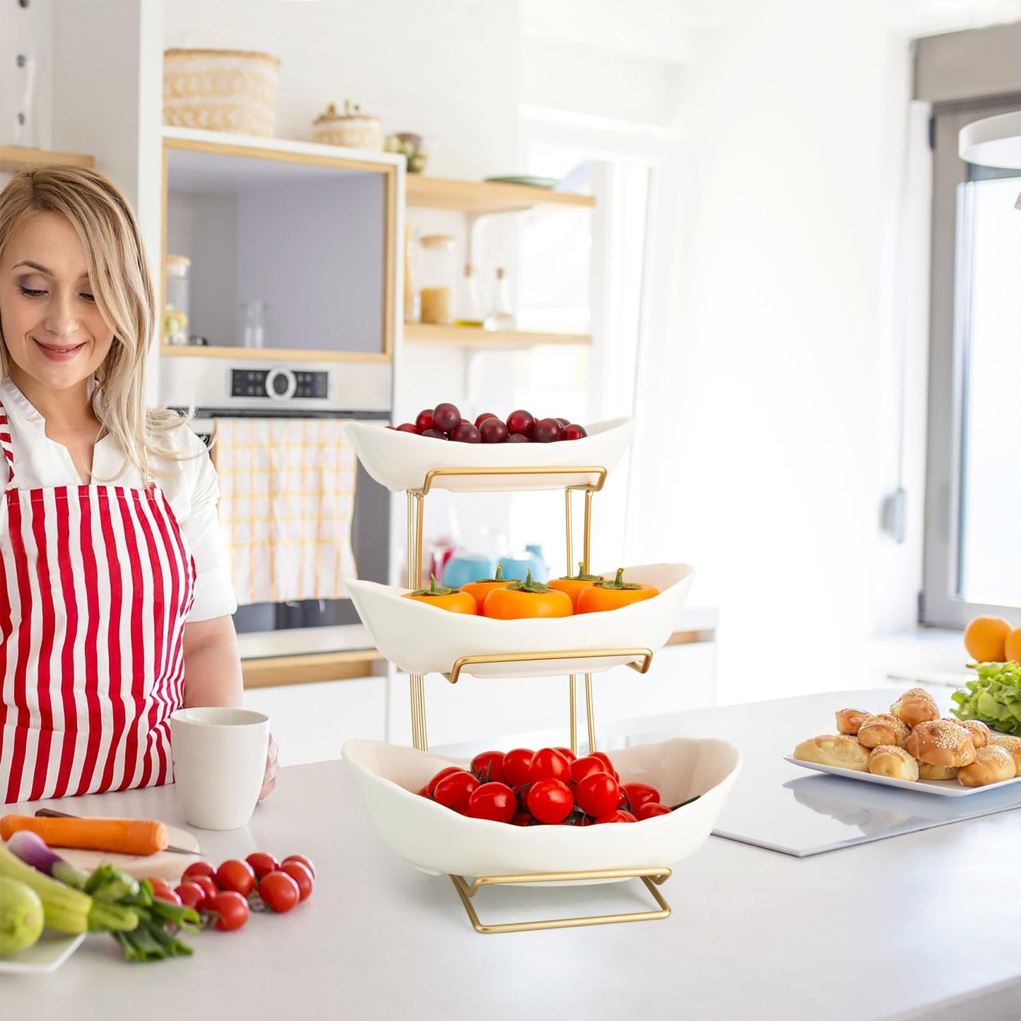 jessie 3 Tier Ceramic Fruit Bowls for Kitchen Counter with Metal Rack, Fruit Basket with Stand, Porcelain Bowls for Fruit Vegetable Bread Candy Snack Nuts Dessert Cake Tray (White 3 Layer)
