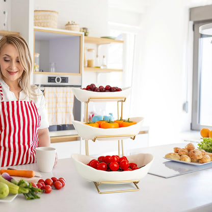 jessie 3 Tier Ceramic Fruit Bowls for Kitchen Counter with Metal Rack, Fruit Basket with Stand, Porcelain Bowls for Fruit Vegetable Bread Candy Snack Nuts Dessert Cake Tray (White 3 Layer)