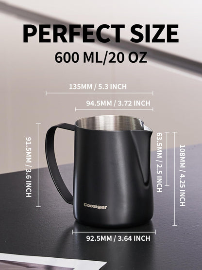 Coosigar Milk Frothing Pitcher 600ml/20oz,304 Stainless steel Espresso Steaming Pitcher,milk frother cup,Milk Jug Cup,Latte Art(black)