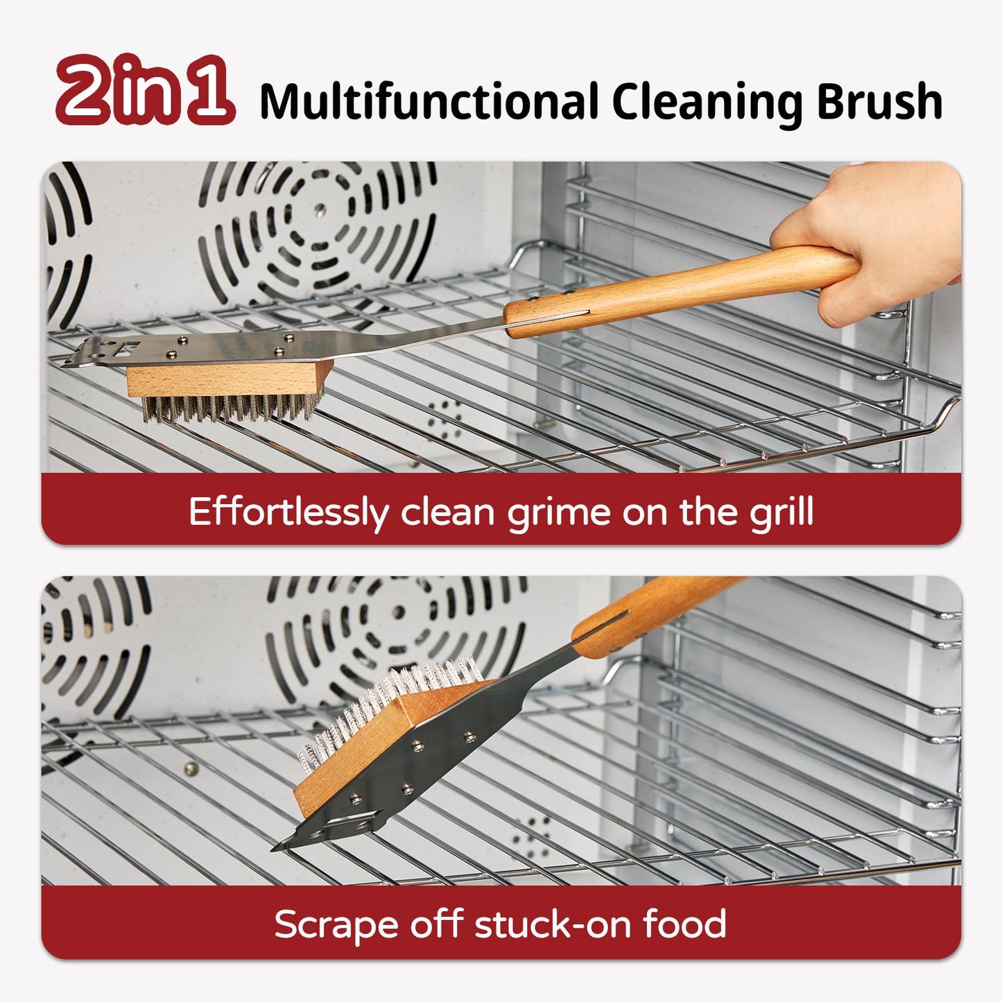 ROCKSHEAT Pizza Oven Brush, 16.9 Inch Grill Cleaning Brush with Scraper, Stainless Steel Bristles with Beech Wood Handle, 2 in 1 Pizza Stones Brush, Ourdoor Pizza Oven Accessories, Heat Resistant