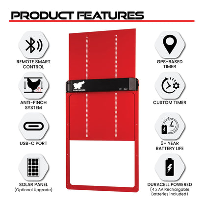 RUN-CHICKEN Door Giant – Large Automatic Poultry Coop Door for Ducks & Turkeys, Not for Chickens, Battery Powered/Solar Compatible, Heavy-Duty Aluminum, Predator Proof, Easy Install (Red)
