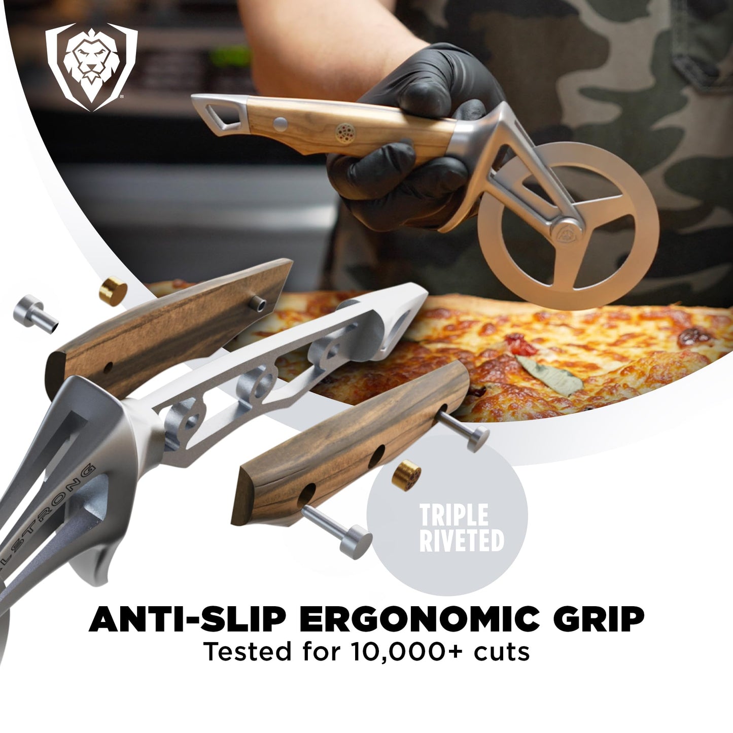 Dalstrong Orbit Razor Pizza Wheel Cutter — Olive Wood Handle — HC Stainless Steel, Heavy-Duty Tri-Spoke Wheel — For Pizza Night, Flatbreads & Pastry — Unique Kitchen Gift, Customer Support