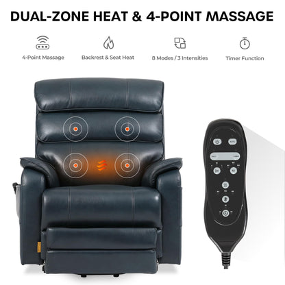 DYNOX 400 LBS Genuine Leather Big Tall Man Large-Wide Power Dual Motor Lift Recliners Chairs for Elderly, Lay Flat with Heat, Massage & Extended Footrest(9298L,Dark Blue)
