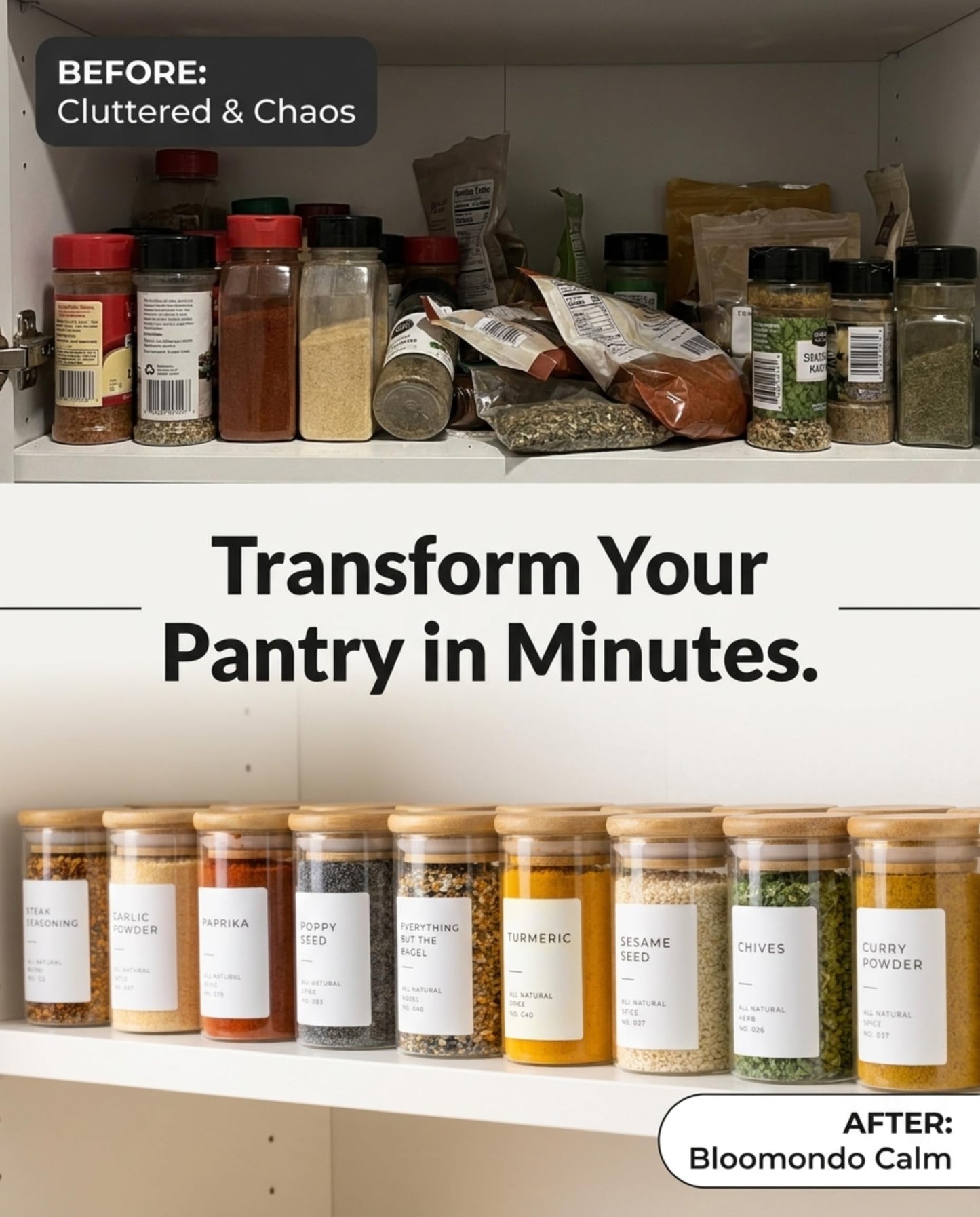 Bloomondo Empty Spice Jars with Label Pack (12x Bamboo Lid Glass Jar). Small 6oz Spice Storage Bottles with 112 Printed Stickers and 48 Writable Pantry Labels for Seasoning Containers