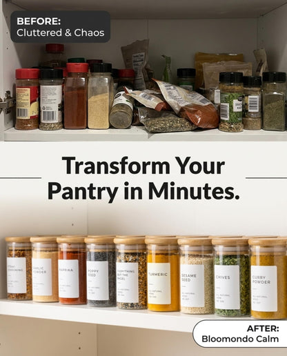 Bloomondo Empty Spice Jars with Label Pack (12x Bamboo Lid Glass Jar). Small 6oz Spice Storage Bottles with 112 Printed Stickers and 48 Writable Pantry Labels for Seasoning Containers