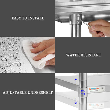 STABLEINK NSF Stainless Steel Table with Wheels 36x24 Inches 3ft, Metal Prep & Work Table with Adjustable Undershelf, for Commercial Kitchen, Restaurant, Laundry, Hotel and Garage