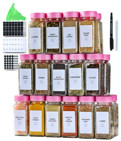 24 Glass Spice Jars with Label-4oz Spice Containers with Lids and Shaker Lids,3 Sets of Spice Labels 1 Collapsible Funnel 2 Erasable Markers (24)