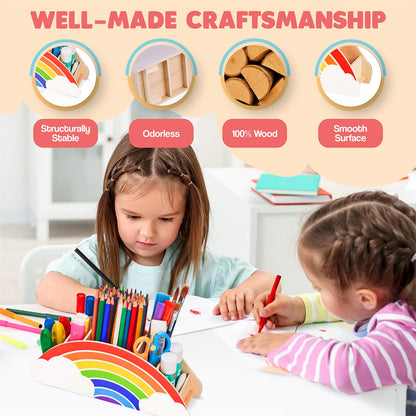 GAMENOTE Rainbow Wooden Desk Organizer Natural Wood No Smell Childfriendly Cute Pen Pencil Holder Caddy for Office Supplies Classroom for Art Supply Makeup Brush Storage for Kids Present