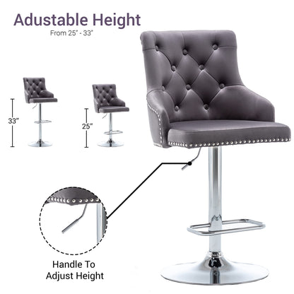 BTEXPERT Set of 2 Premium upholstered Dining 25" - 33" Adjustable High Back Stool Bar Chairs, Gray Tufted Nailhead Trim, (5153GR-2)