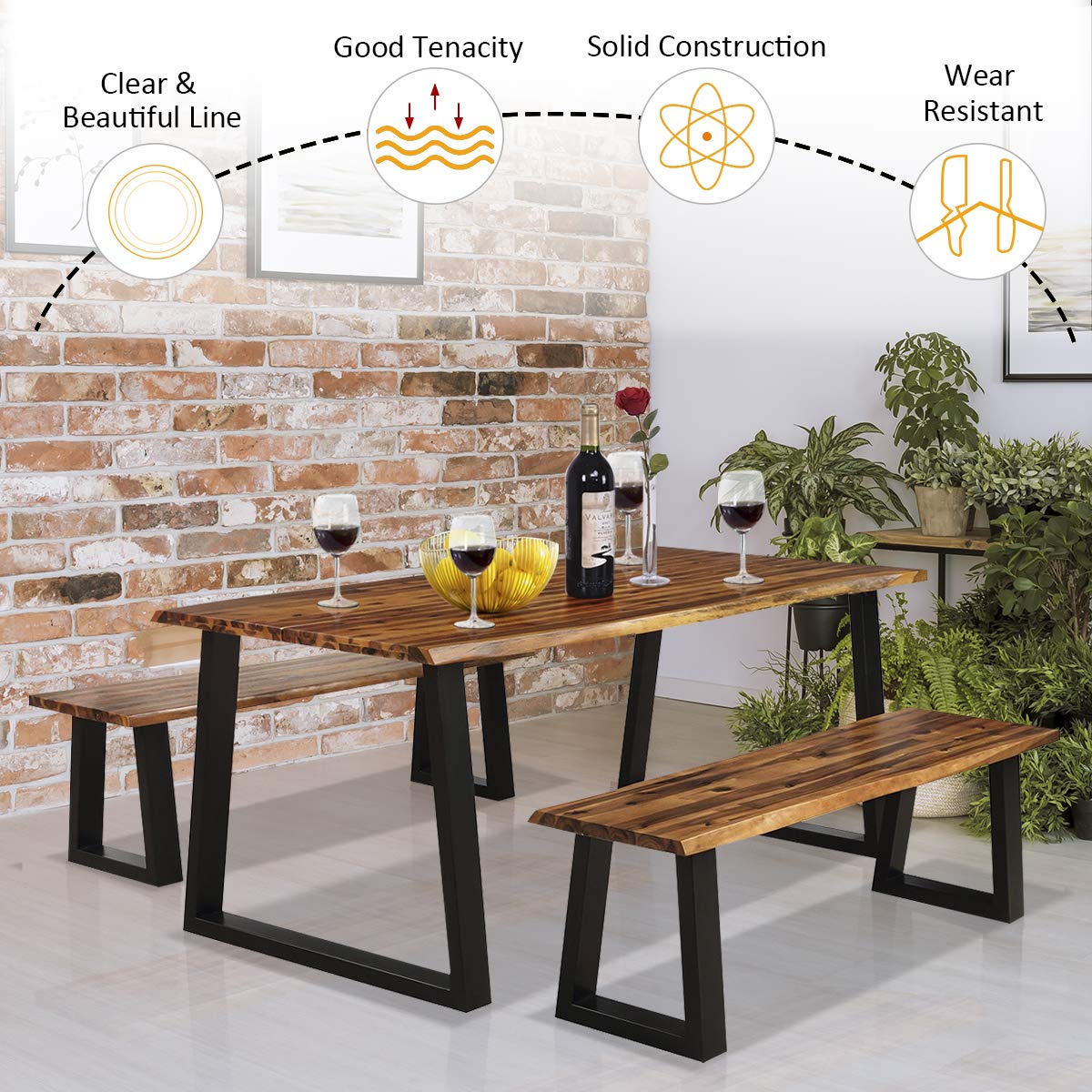 Giantex 3PCS Wooden Dining Set Bench Chair Rustic Indoor &Outdoor Furniture (Rustic Brown&Black)