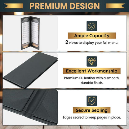 AMGSH 12 Pack 2 View Menu Holder Menu Covers 4.25" x 11" | Black Leather Menu Sleeves Book Style for Restaurant Coffee Bars Wine List