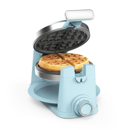Martha Stewart Rotating Waffle Maker, 180° Flip Iron with PFAS-Free Nonstick Plates, Adjustable Timer, Ready Light, Drip Tray, Space Saving, Classic Round 7”, Easy to Clean, Stainless Steel, Sky Blue