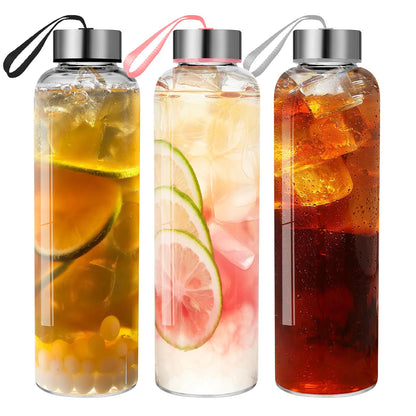 Glass Water Bottles Set of 3, 18 oz, Reusable Water Bottle with Lids, Juice Glass Bottles for Juicing, LeakProof, BPA Free, Container Bottle for Refrigerator, Suitable for Beverage, Soda (Clear)