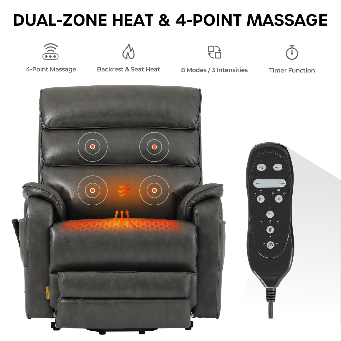 DYNOX 400 LBS Big Tall Man Large-Wide Power Dual Motor Lift Recliners Chairs for Elderly, Lay Flat Lift Chair with Infinite Positions, Heat & Massage, Extended Footrest (9298L,Faux Leather,Grey)