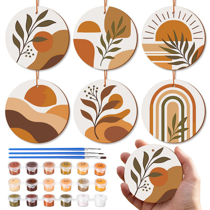 6 Pcs Boho Paint by Numbers Kit Wooden Framed Mini Paint by Numbers for Adults 5.9'' Hanging Canvas Acrylic Round Oil Painting Art Small DIY Craft for Home Wall Decor, Stress Relief, Birthday Gift