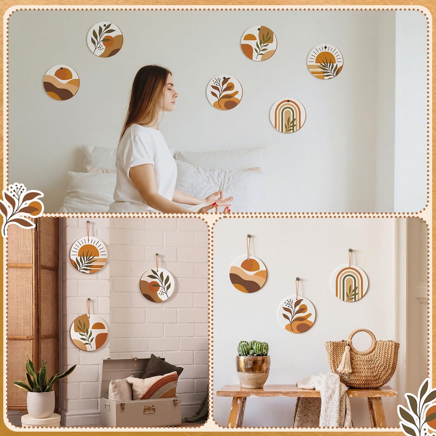 6 Pcs Boho Paint by Numbers Kit Wooden Framed Mini Paint by Numbers for Adults 5.9'' Hanging Canvas Acrylic Round Oil Painting Art Small DIY Craft for Home Wall Decor, Stress Relief, Birthday Gift