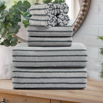 8 Set Sheet-2 Towels,2 Towels,4 Oliven Pcs Gray Cabana Stripe Bath Towel Oversize Bath Bathroom Hand Washcloths Soft