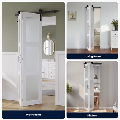 SMARTSTANDARD 72in x 84in Bifold Barn Door, Frosted Glass Barn Door with Hardware Kit Included, Pre-Drilled Holes Easy Assembly -Solid Barn Doors Slab Covered with Water-Proof PVC Surface, White