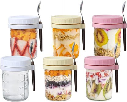 6 Pack Spoons,16 Oz (3 novelinks Overnight Oats Containers with Lids and Mason Jars, Leak Proof Overnight Oats Jars
