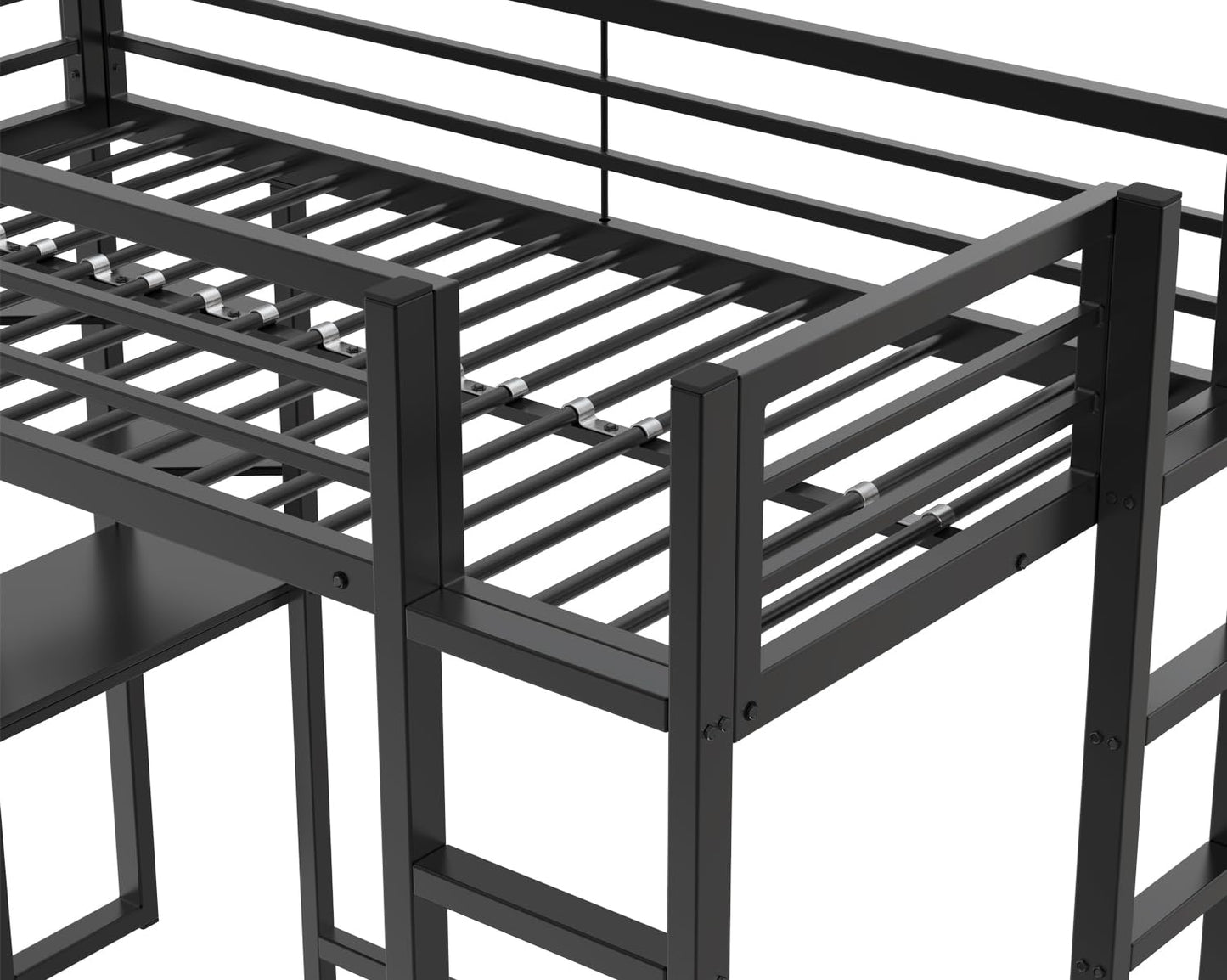 KEIKI Twin Size Loft Bed with Desk, 2 Side Ladders, Storage Shelves, Safety Guardrail, No Box Spring Needed, Space-Saving Metal Loft Bed Frame for Kids/Teens/Adults