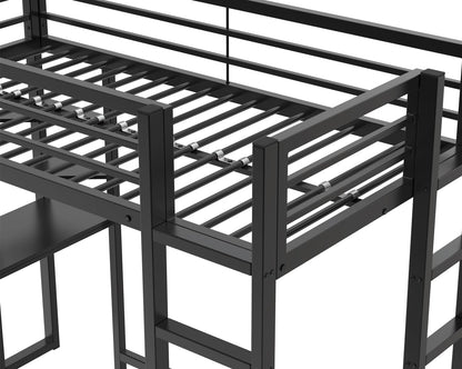 KEIKI Twin Size Loft Bed with Desk, 2 Side Ladders, Storage Shelves, Safety Guardrail, No Box Spring Needed, Space-Saving Metal Loft Bed Frame for Kids/Teens/Adults