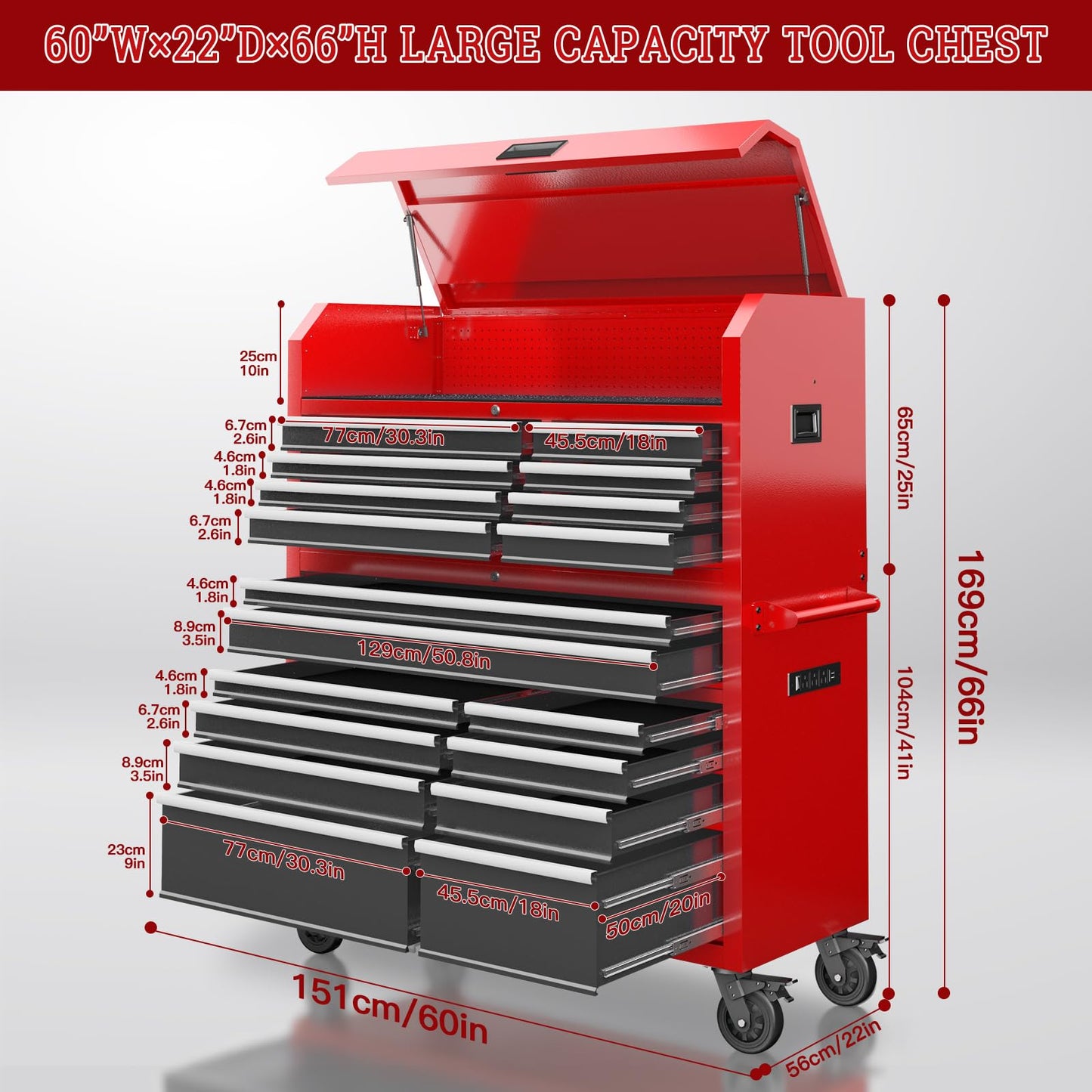 Tool Chest 18-Drawer | 66'' Large Rolling Tool Chest with Wheels | Detachable Top Metal Tool Box with Gas Struts | Lockable Rolling Tool Cabinet with Liners,Power Strip | Garage, Repair Shop, Workshop