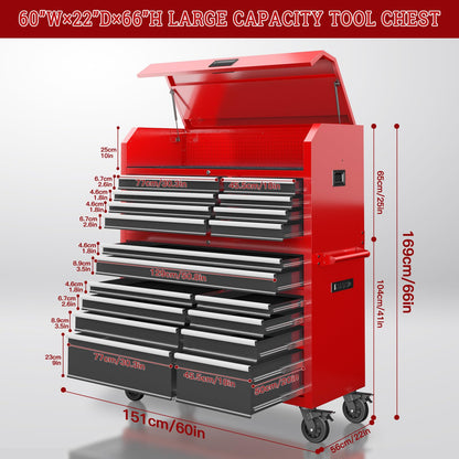 Tool Chest 18-Drawer | 66'' Large Rolling Tool Chest with Wheels | Detachable Top Metal Tool Box with Gas Struts | Lockable Rolling Tool Cabinet with Liners,Power Strip | Garage, Repair Shop, Workshop