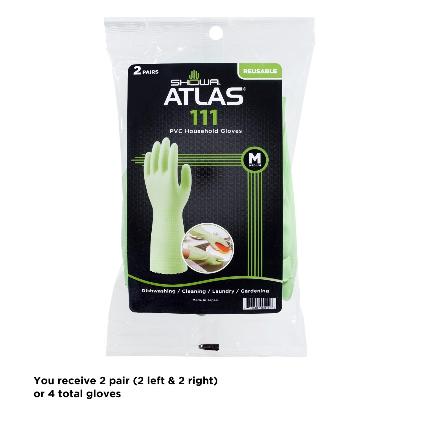 SHOWA 111 Skin-Friendly Dishwashing Gloves, Latex-Free PVC, Reusable Housekeeping Gloves with Cotton Liner, Non-Slip Grip for Kitchen & Gardening, Made in Japan, Medium, 2-Pairs
