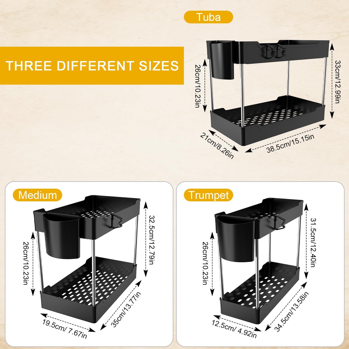 3 Pack Under Sink Organizers and Storage, 2 Tier Bathroom Cabinet Organizer Shelf with Hanging Cups for Kitchen & Bathroom (White)