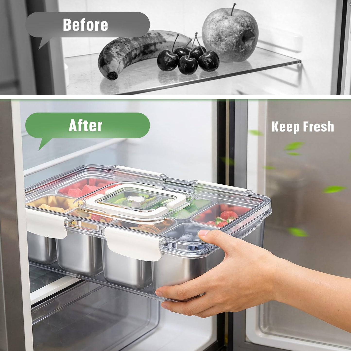 Snackle Box Container, 304 Stainless Steel Divided Serving Tray with Lid and Handle, Portable 4 Compartments Veggie Tray for Fruits,Veggies,Nuts &Candy, Dishwasher Safe for Travel,Picnic,Beach&Parties