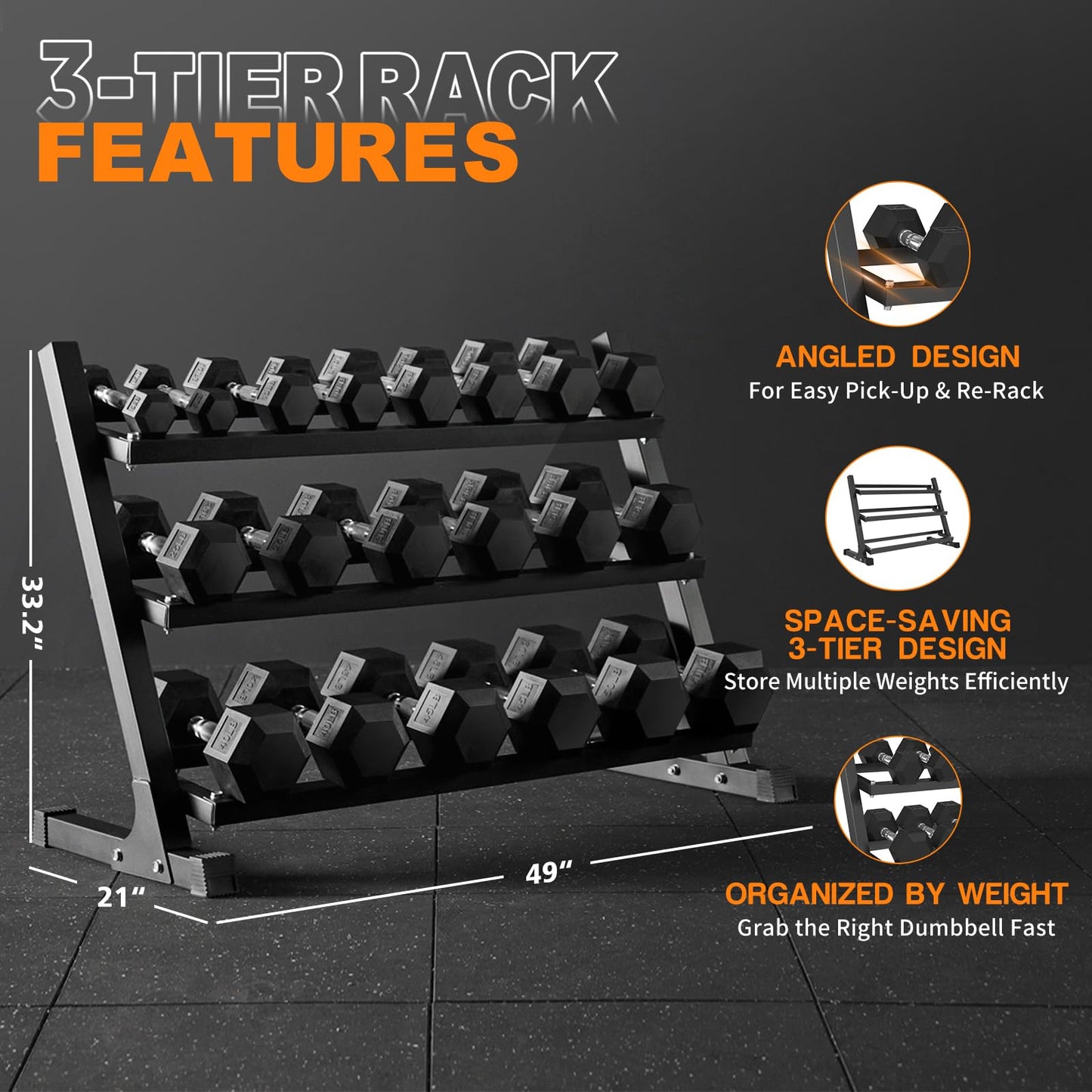 Mikolo Dumbbell Sets with Rack, Rubber Hex Dumbbells, Multiple Choices in 160/200/350/450/550LB, Hand Weights with Chrome Handle for Strength Training (450LB)