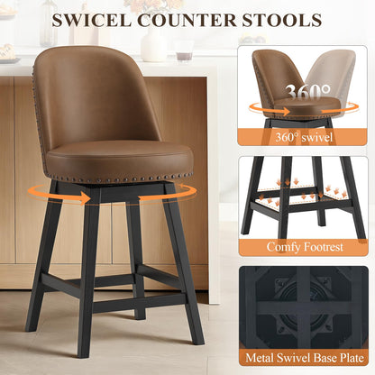 MALOL Swivel Bar Stools Set of 4, PU Leather Mid Century Mondern Barstools, 26 inch Counter Height Bar Chairs with Solid Back and Wood Legs, for Kitchen Island，Brown