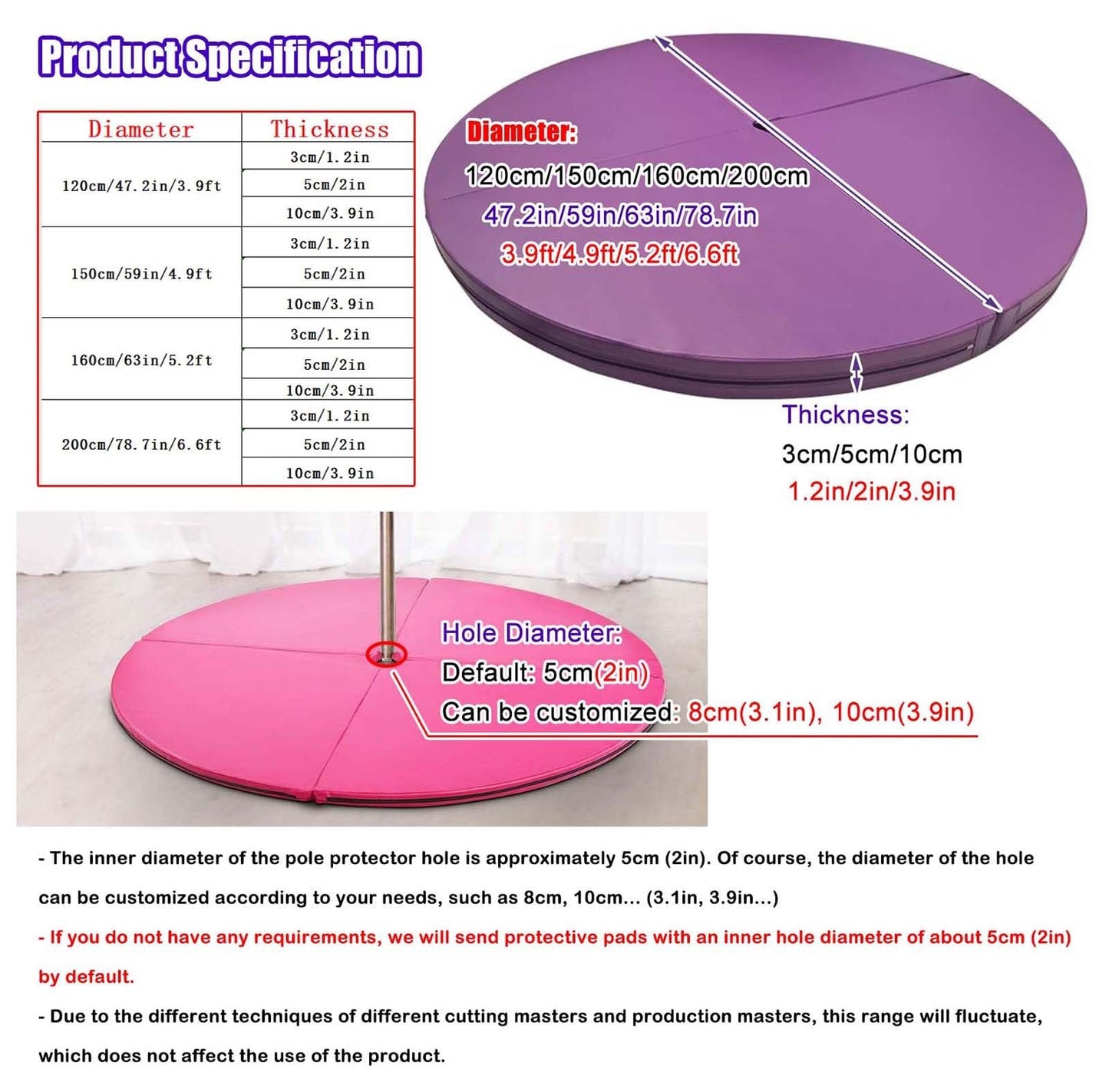 Innovz Crash Mat Aerial Hoop Dancing Pole Crash Pad, Foldable Circular Dance Floor Mat for Home Gym, 1/2/4 Inch Thick EPE Foam Pad, Yoga Exercise Mat Gymnastics(Red,150cmx10cm(59inx3.9in))