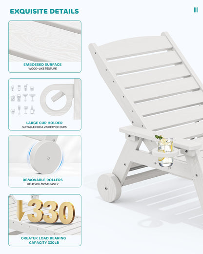 SERWALL Patio Chaise Lounge Chair Set of 4, 5 Positions Adjustable Poly Outdoor Lounger for Pool, HDPE Lounge Chair with Rolling Wheels & Cup Holder for Poolside, Deck, White