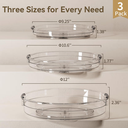 LAMU 3 Pack Lazy Susan Organizer Turntable for Cabinet, Pantry Organizers and Storage, Rotating Condiment Organizer for Kitchen, Table Top, Fridge, Countertop, Spice Organization, 9.25'' 10.6'' 12''