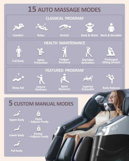RELX Massage Chair Full Body, 20 Modes Zero Gravity SL-Track Shiatsu Massage Chair Built-in Heat System, Airbag Massage with Body Scan, Deep Yoga Stretch, Calfrest Extension and AI Control(Black)
