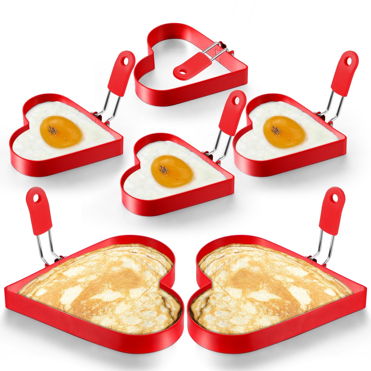 Patelai 6 Pcs Heart Pancake Mold Fried Hearts Shape Fried Egg Ring Set Stainless Steel Pancake Molds with Silicone Handle for Mothers Day Gift Breakfast Omelette Sandwich(Heart Style,4 Inch, 6 Inch)