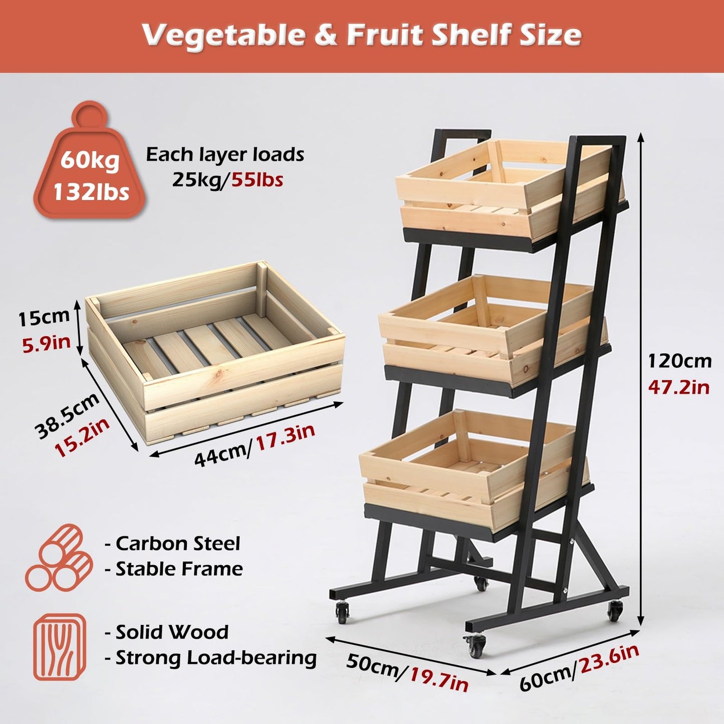 3-Tier Supermarket Snack Shelf Organizer Rack, Detachable Fruit Vegetable Storage Basket with Wheels, Retail Store Display Stand Free Standing for Kitchen Pantry(Wooden)