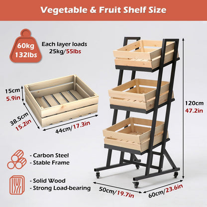 3-Tier Supermarket Snack Shelf Organizer Rack, Detachable Fruit Vegetable Storage Basket with Wheels, Retail Store Display Stand Free Standing for Kitchen Pantry(Wooden)